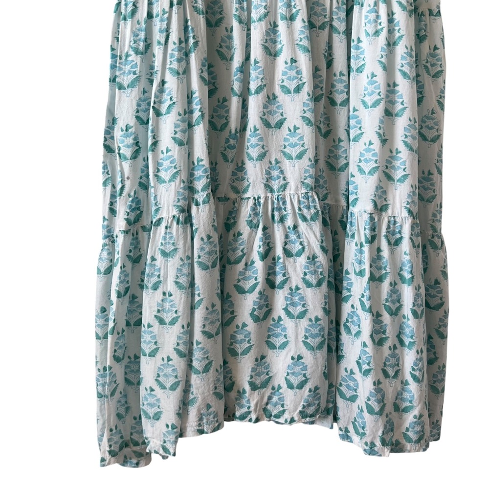 J. Marie Blue Block Print Tiered A Line Midi Dress SZ XS Boho Flowy Beach - Picture 5 of 9
